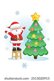 Merry Santa Claus with Christmas Tree. Cute Christmas cartoon character. Vector illustration.