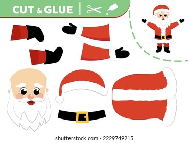 Merry Santa Claus. Cut and glue. Application work. Paper education game. Flat, cartoon. Isolated vector illustration eps 10