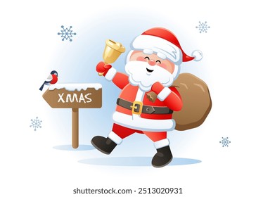 Merry Santa Claus with golden bell and Bullfinch. Cute Christmas cartoon character. Vector illustration.