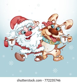 Merry Santa Claus with his friend the dog embraced and go together. Characters hold cups with a hot drink - tea or coffee. Funny winter cartoon illustration. Vector.