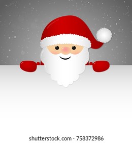 Merry Santa Claus holding a card with copyspace for Christmas wishes. Vector.