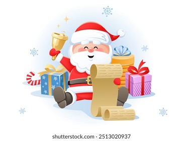 Merry Santa Claus holding Christmas wish list with golden bell and Gifts. Cute cartoon character. Vector illustration.