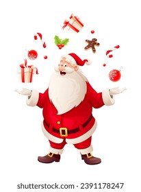 Merry Santa Claus juggles with Christmas gifts and sweets as magician. Isolated on white background. Vector illustration.