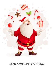 Merry Santa Claus juggles with Christmas gifts and sweets as magician. vector illustration. Isolated on white background. Transparent objects used for lights and shadows drawing.