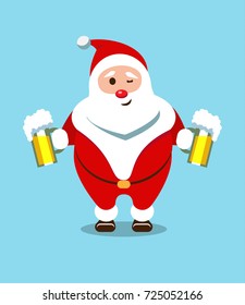 Merry Santa Claus. Kind, bearded hero. Christmas old man in a red fur coat. Sticker for winter celebrations. Foam beer from a festive bartender.