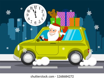 Merry Santa Claus on a car carries gifts. vector illustration.