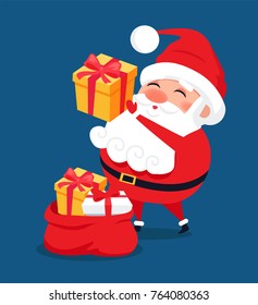 Merry Santa Claus put presents into red bag, Father Christmas get ready to winter holidays, vector illustration postcard isolated on blue background