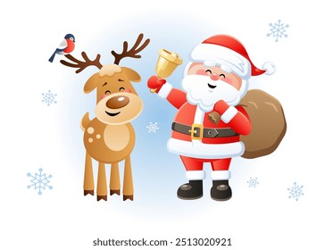 Merry Santa Claus with Reindeer and Bullfinch. Cute Christmas cartoon characters. Vector illustration.