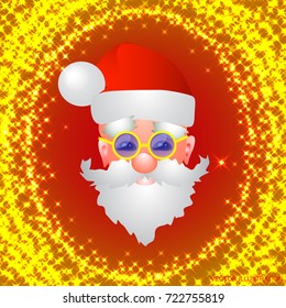 Merry Santa Claus. Smiling cartoon old man for Christmas holidays. Illustration with Santa Claus on red background with frame from stars. Vector illustration.