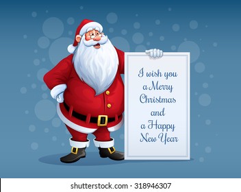 Merry Santa Claus standing with christmas greetings banner in arm. Eps10 vector illustration