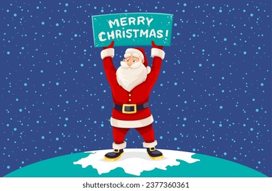 Merry Santa Claus standing on the Earth planet globe with Christmas greetings banner sign in hands. Holiday promotion advertising. Cartoon character. Vector illustration.