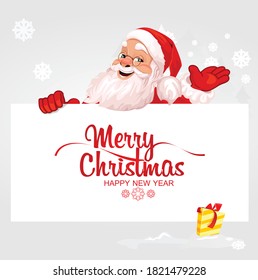 Merry Santa Claus stands behind a large banner, signboard, advertising banner. With the inscription Merry Christmas and a gift. Vector graphics