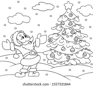 Merry santa claus stands by a decorated christmas tree, outline vector illustration in a cartoon style for a coloring page