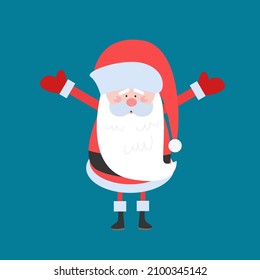 Merry Santa Claus with wide open hands stand vector illustration postcard with cartoon character isolated on blue background