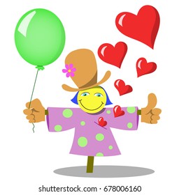 Merry scarecrow with balloon. Vector illustration.