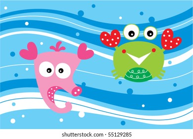 merry seahorse and crab