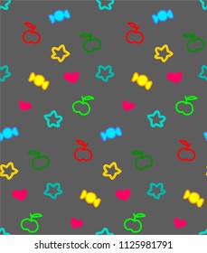 Merry seamless pattern with stars, hearts, apples and candies above grey background. Colorful vector. Seamless motley pattern.