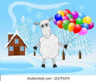 merry sheep with air marbles on a background winter landscape,  vector  illustration