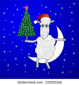 merry sheep  with a christmas tree,  vector  illustration