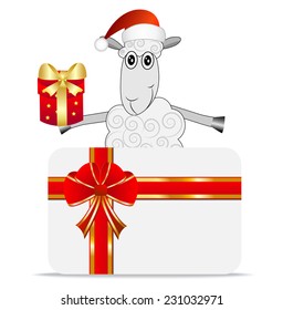 merry sheep with a gift and greeting-card,  vector  illustration
