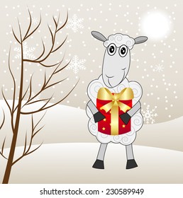 merry sheep with a gift on a background winter landscape,  vector  illustration