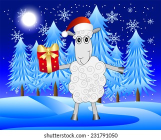 merry sheep with a gift on a background night winter landscape,  vector  illustration