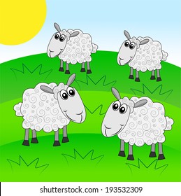 merry  sheep graze on a green lawn, vector illustration