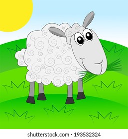 merry sheep on a green lawn, vector illustration