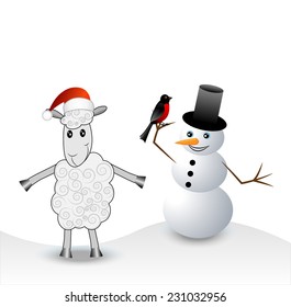 merry sheep, snow man and bullfinch,  vector  illustration
