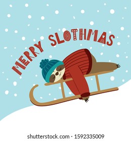 Merry Slothmas - Greeting card for Christmas with cute sloth with sled. Hand drawn lettering for Xmas greetings cards, invitations. Good for t-shirt, mug, scrap booking, gift.