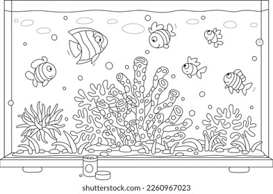 Merry small fishes swimming in a large glass aquarium with tropical sea corals and seaweeds, black and white outline vector cartoon illustration for a coloring book