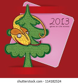 Merry snake hanging on a Christmas tree. Vector greeting card. baby design.
