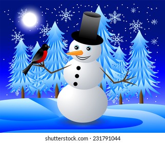 merry snow man with a bullfinch on a background winter landscape,  vector  illustration