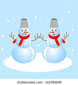 merry snow men on a blue background, vectorial illustration