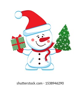 Merry snowman with a gift and Christmas tree. Separately on a white background.