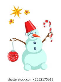 Merry snowman holding Christmas bauble and candy cane, under cookie stars. Cute isolated cartoon