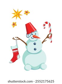 Merry snowman holding Christmas sock or stocking and candy cane, under cookie stars. Cute cartoon