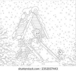 Merry snowman playing with a cute puppy on a toy slide on a snow-covered playground in a winter park on a beautiful snowy day, black and white vector cartoon illustration for a coloring book