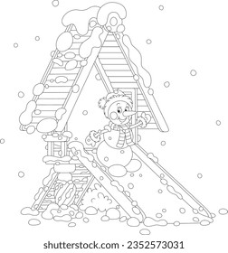 Merry snowman playing on a toy slide on a snow-covered playground in a winter park on a beautiful snowy day, black and white vector cartoon illustration for a coloring book