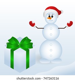 Merry snowman in a red hat with a pompon, red with white mittens, happy with the gift. Snow box with ribbon