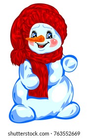 Merry Snowman in a red hat and scarf