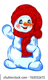 Merry Snowman in a red hat and scarf