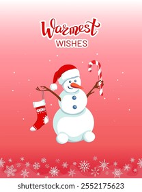 Merry snowman in Santa hat with Christmas stocking, candy cane. Lettering Warmest wishes. Editable