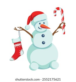 Merry snowman in Santa hat holding Christmas stocking or sock and candy cane. Cute isolated cartoon