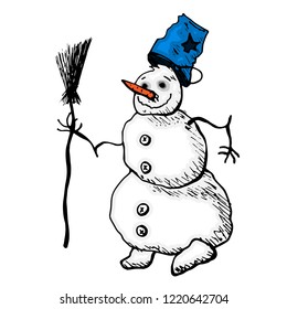 A merry snowman is sitting with a Christmas tree and a bag. Vector icon for a website or a postcard.