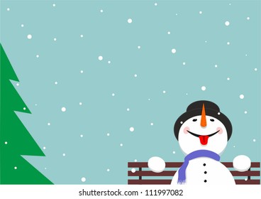 Merry snowman sitting on the bench catching snowflakes language
