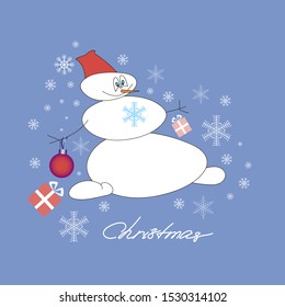 Merry snowman with snowflakes and gift boxes on blue background, holiday, Christmas or New year greeting card. Template, vector flat illustration.