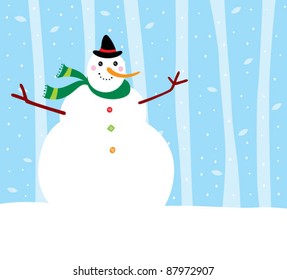 merry snowman in the winter forest