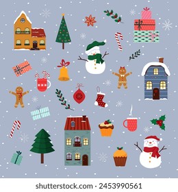 Merry snowmen and Christmas attributes. Set of festive New Year elements. Gingerbread men and gifts, a cup of cocoa, Christmas tree decorations. Flat vector.