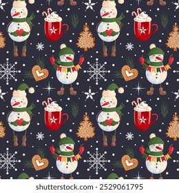 Merry snowmen with a festive garland and a heart and a cozy scarf are perfect for holiday decor. Cute Christmas character. in watercolor style. Seamless pattern for wallpaper, wrapping, background.